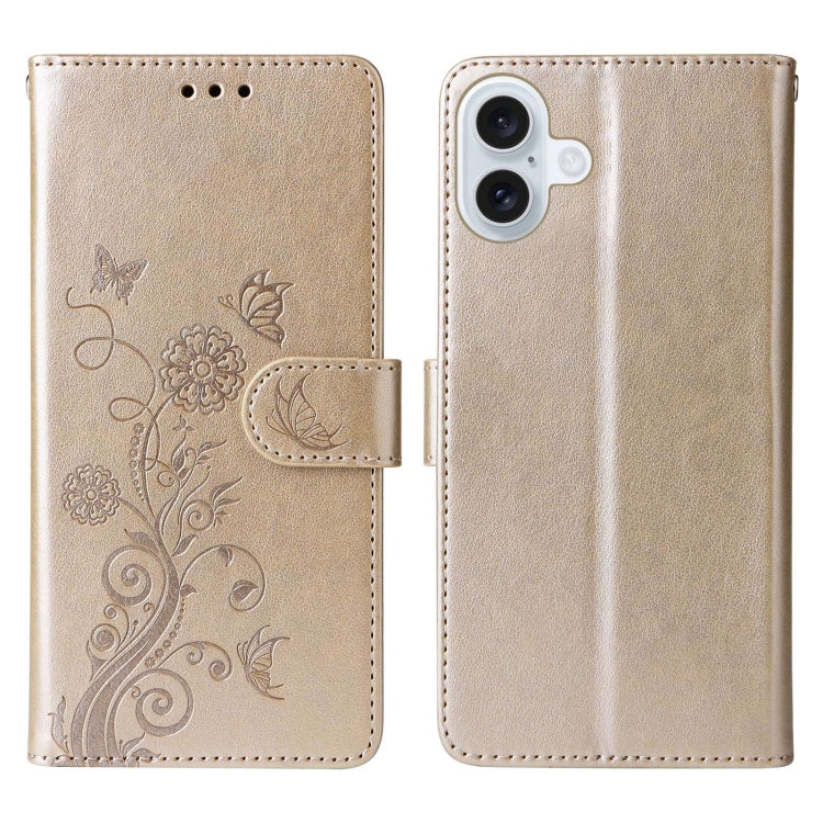 For iPhone 16 Embossed Butterfly Flowers Leather Phone Case(Gold) - iPhone 16 Cases by buy2fix | Online Shopping UK | buy2fix