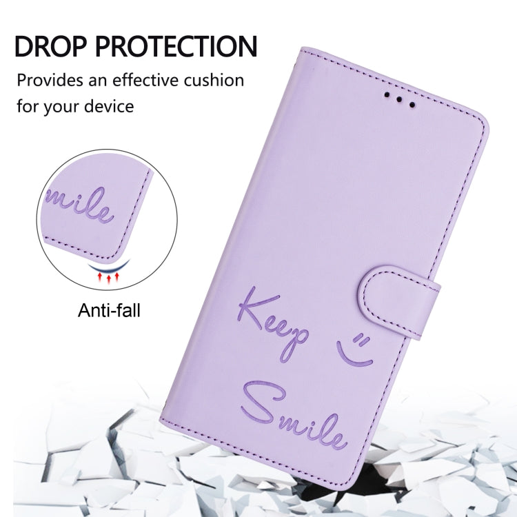 For Motorola Moto G Stylus 5G 2024 Smile Embossing RFID Leather Phone Case(Light Purple) - Motorola Cases by buy2fix | Online Shopping UK | buy2fix