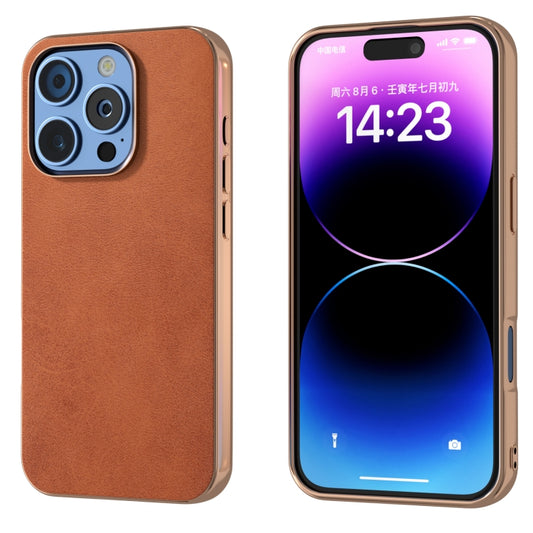 For iPhone 16 Pro Max Nano Electroplating Dual Color Cowhide Texture Protective Phone Case(Brown) - iPhone 16 Pro Max Cases by buy2fix | Online Shopping UK | buy2fix