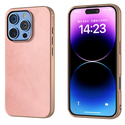 For iPhone 16 Pro Nano Electroplating Dual Color Cowhide Texture Protective Phone Case(Rose Gold) - iPhone 16 Pro Cases by buy2fix | Online Shopping UK | buy2fix