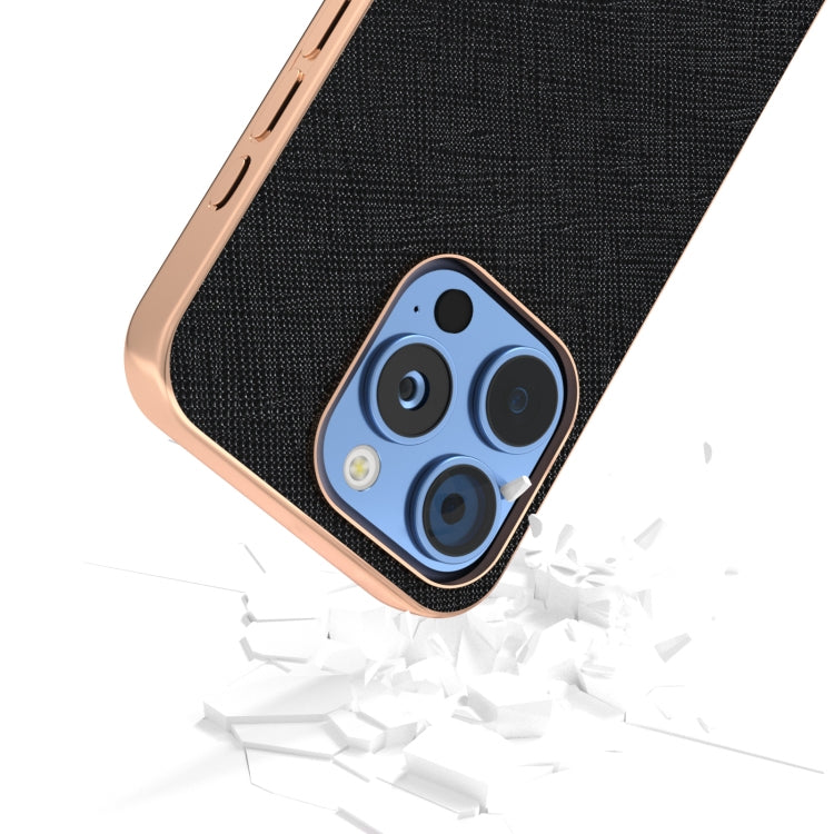 For iPhone 16 Pro ABEEL Electroplating Frame Cross Texture Genuine Leather Phone Case(Black) - iPhone 16 Pro Cases by buy2fix | Online Shopping UK | buy2fix