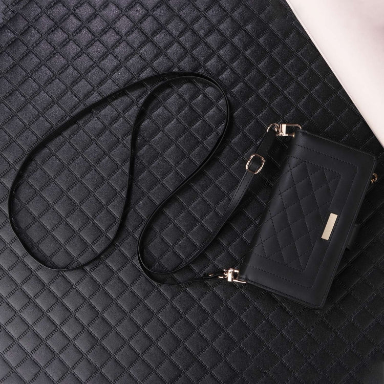 For iPhone 16 Plus Crossbody Zipper Wallet Rhombus Leather Phone Case(Black) - iPhone 16 Plus Cases by buy2fix | Online Shopping UK | buy2fix