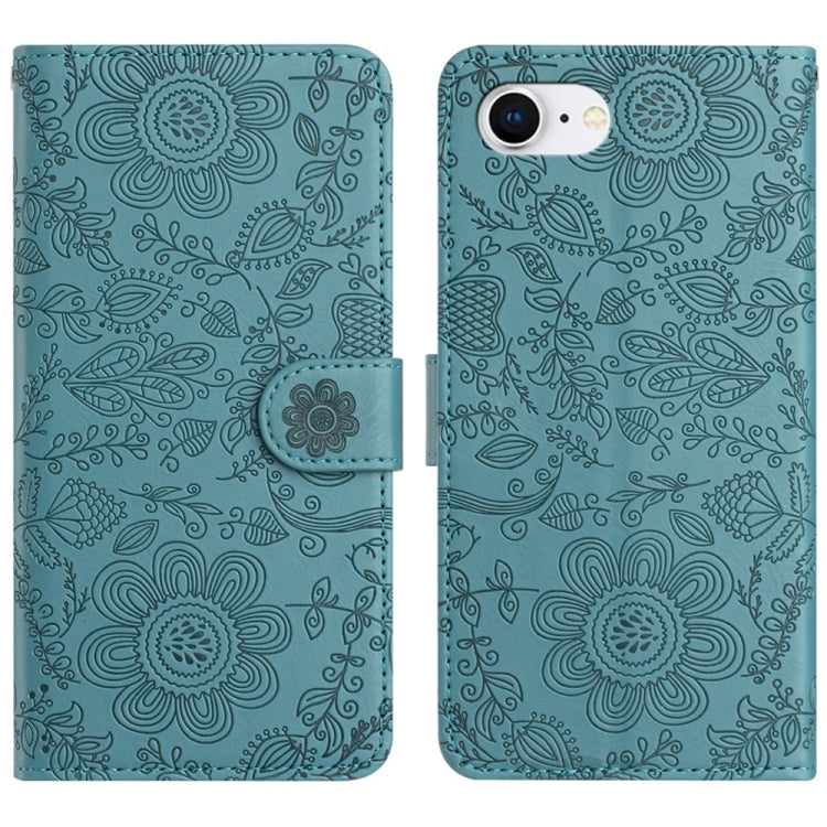 For iPhone 16e Floral Embossed Pattern Leather Phone Case(Dark Green) - iPhone 16e Cases by buy2fix | Online Shopping UK | buy2fix