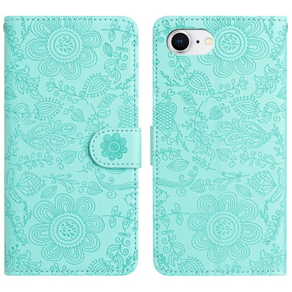 For iPhone 16e Floral Embossed Pattern Leather Phone Case(Light Green) - iPhone 16e Cases by buy2fix | Online Shopping UK | buy2fix