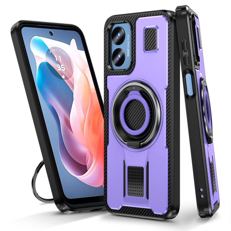 For Motorola Moto G Play 4G 2024 Ring Holder Carbon Fiber PC Hybrid TPU Phone Case(Purple) - Motorola Cases by buy2fix | Online Shopping UK | buy2fix