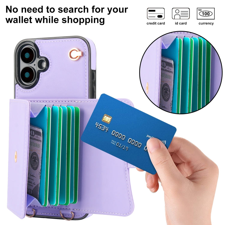 For iPhone 16 RFID Card Slot Phone Case with Long Lanyard(Purple) - iPhone 16 Cases by buy2fix | Online Shopping UK | buy2fix