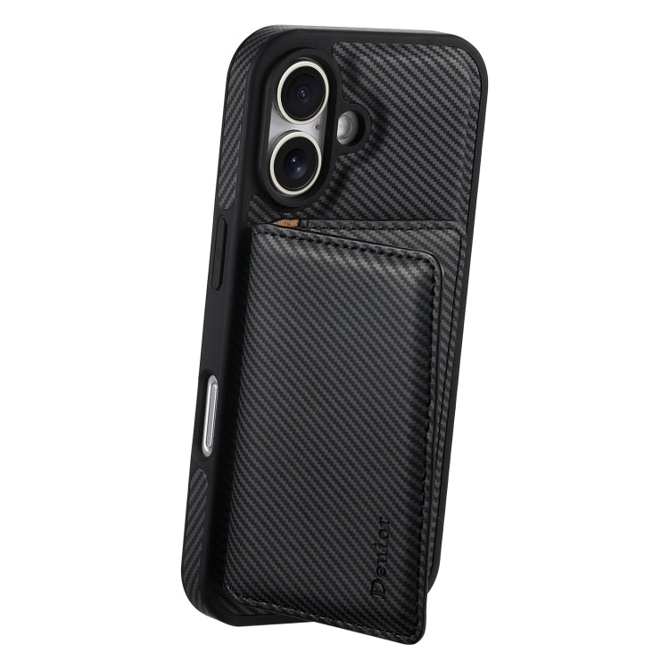 For iPhone 16 Denior Carbon Fiber Texture Leather Card Bag MagSafe Phone Case(Black) - iPhone 16 Cases by Denior | Online Shopping UK | buy2fix