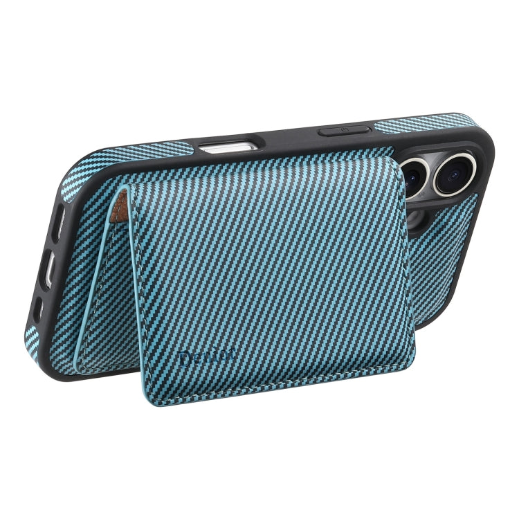 For iPhone 16 Denior Carbon Fiber Texture Leather Card Bag MagSafe Phone Case(Blue) - iPhone 16 Cases by Denior | Online Shopping UK | buy2fix