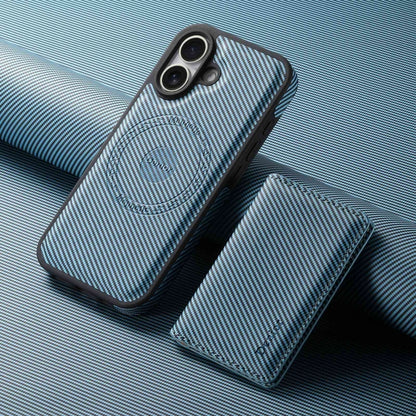 For iPhone 16 Denior Carbon Fiber Texture Leather Card Bag MagSafe Phone Case(Blue) - iPhone 16 Cases by Denior | Online Shopping UK | buy2fix