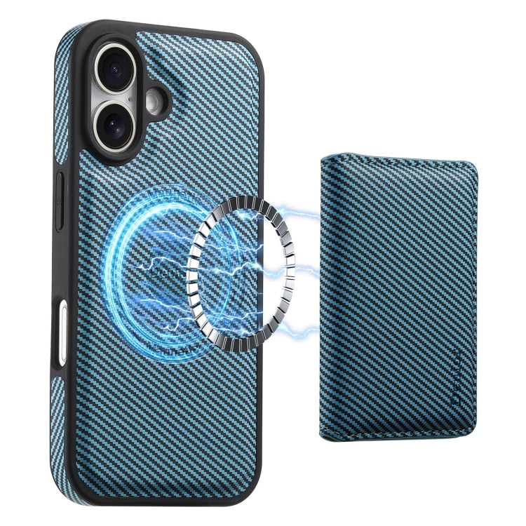 For iPhone 16 Denior Carbon Fiber Texture Leather Card Bag MagSafe Phone Case(Blue) - iPhone 16 Cases by Denior | Online Shopping UK | buy2fix