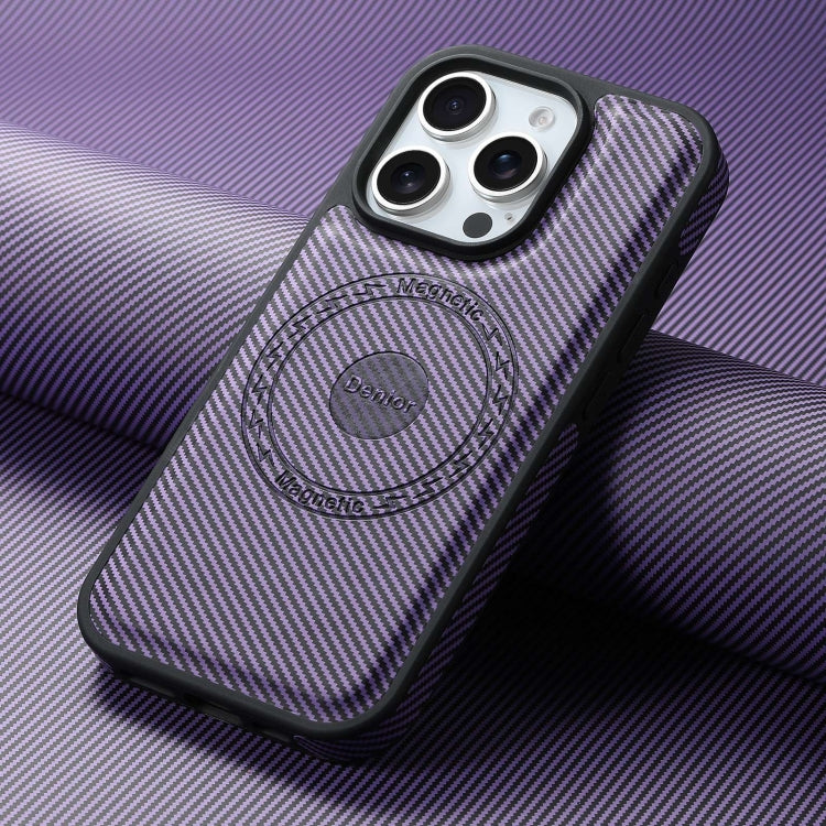 For iPhone 16 Plus Denior Carbon Fiber Texture Leather MagSafe Phone Case(Purple) - iPhone 16 Plus Cases by Denior | Online Shopping UK | buy2fix