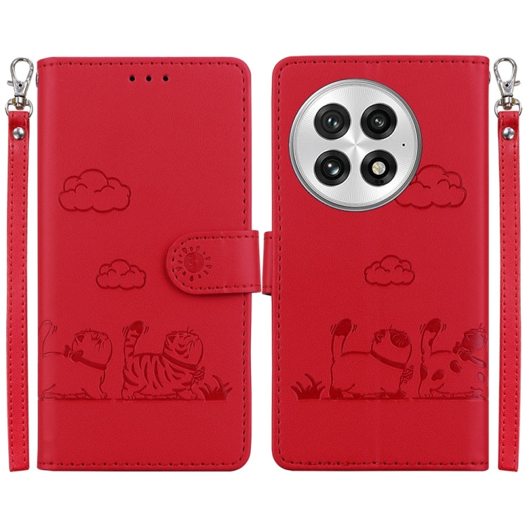 For OnePlus 13 Cute Cats RFID Leather Phone Case(Red) - OnePlus Cases by buy2fix | Online Shopping UK | buy2fix