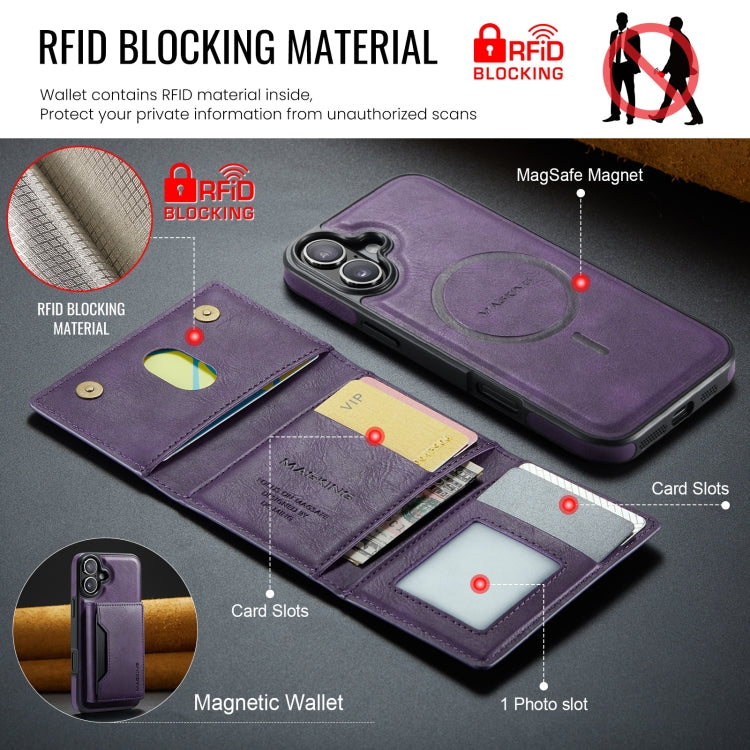 For iPhone 16 DG.MING MAGKING-K2 Series MagSafe RFID Card Bag Detachable Phone Case(Purple) - iPhone 16 Cases by DG.MING | Online Shopping UK | buy2fix