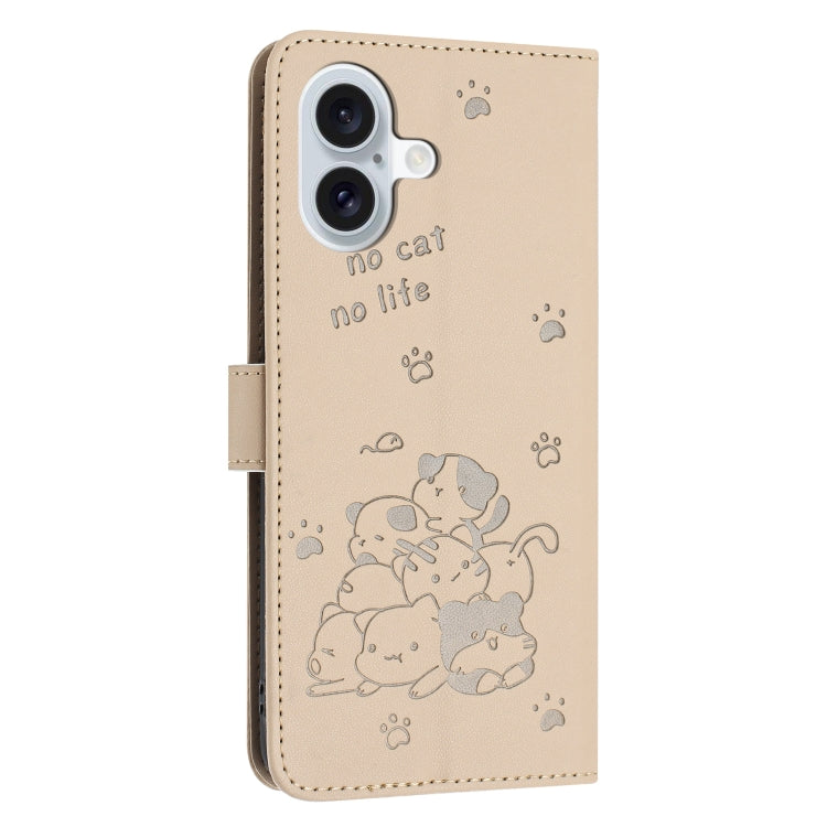 For iPhone 16 Plus Embossed Kitten Phone Leather Case with Lanyard(Beige) - iPhone 16 Plus Cases by buy2fix | Online Shopping UK | buy2fix