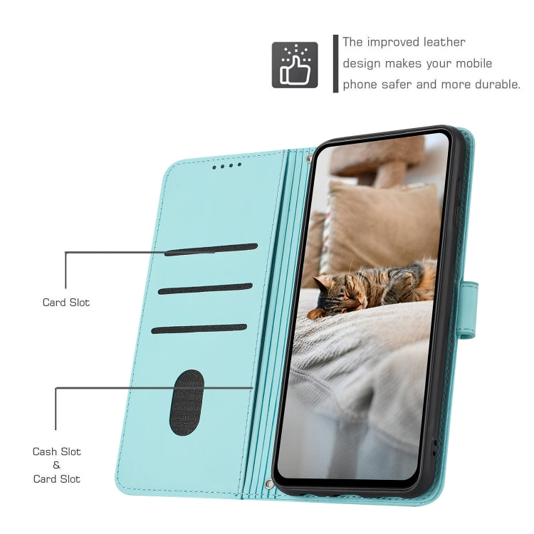 For iPhone 16 Plus Embossed Kitten Phone Leather Case with Lanyard(Mint Green) - iPhone 16 Plus Cases by buy2fix | Online Shopping UK | buy2fix