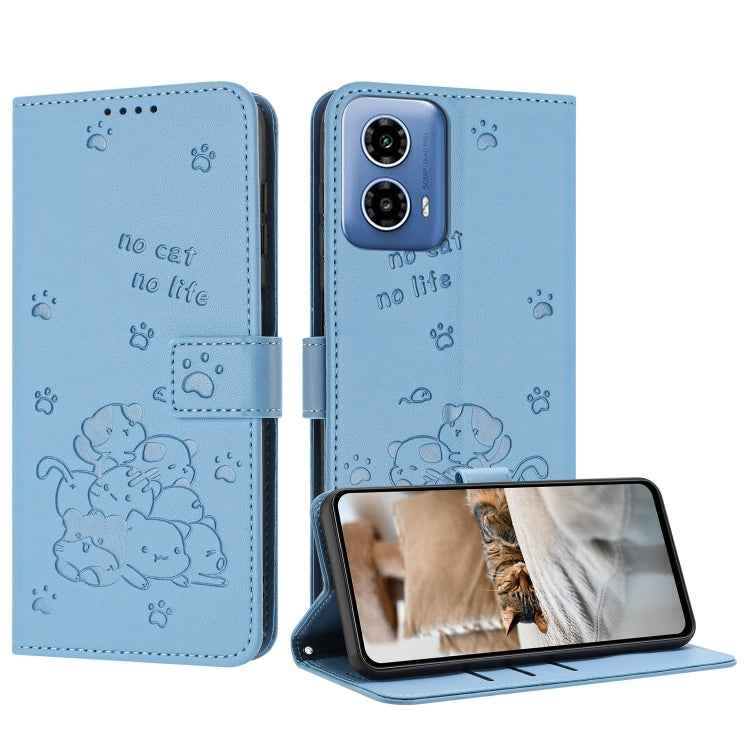 For Motorola Edge 2024 5G Embossed Kitten Phone Leather Case with Lanyard(Blue) - Motorola Cases by buy2fix | Online Shopping UK | buy2fix