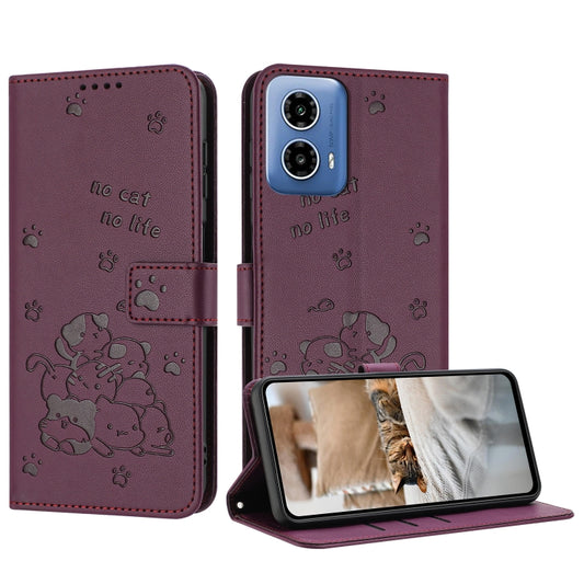 For Motorola Moto G 5G 2024 Embossed Kitten Phone Leather Case with Lanyard(Wine Red) - Motorola Cases by buy2fix | Online Shopping UK | buy2fix