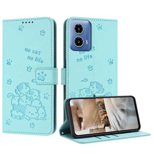 For Motorola Moto G Stylus 5G 2024 Embossed Kitten Phone Leather Case with Lanyard(Mint Green) - Motorola Cases by buy2fix | Online Shopping UK | buy2fix