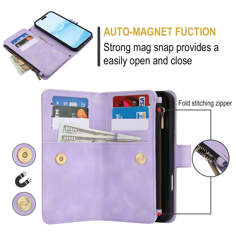 For iPhone 16 Dream 9-Card Zipper Wallet RFID Leather Phone Case with Lanyard(Purple) - iPhone 16 Cases by buy2fix | Online Shopping UK | buy2fix