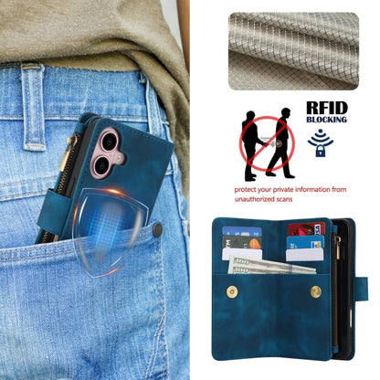 For iPhone 16 Plus Dream 9-Card Zipper Wallet RFID Leather Phone Case with Lanyard(Blue) - iPhone 16 Plus Cases by buy2fix | Online Shopping UK | buy2fix