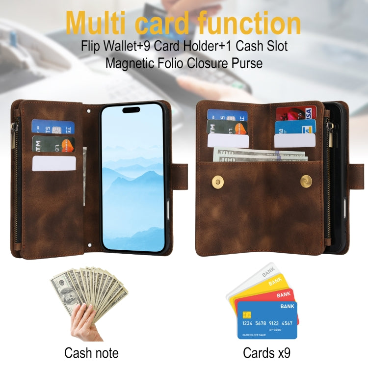 For iPhone 16 Plus Dream 9-Card Zipper Wallet RFID Leather Phone Case with Lanyard(Brown) - iPhone 16 Plus Cases by buy2fix | Online Shopping UK | buy2fix