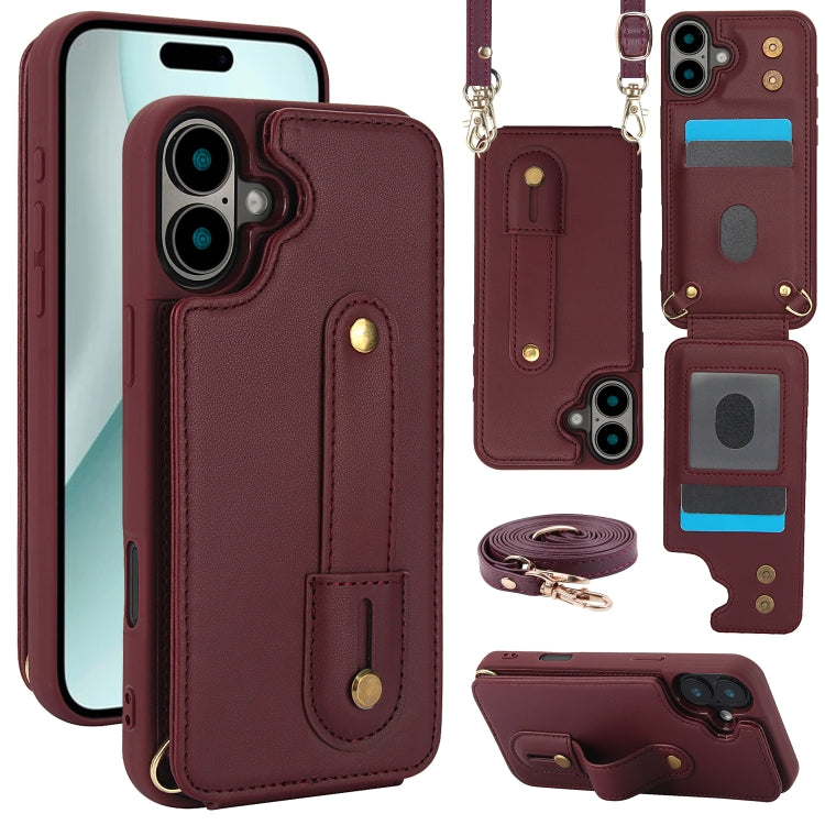 For iPhone 16 Wristband Vertical Flip Wallet Back Cover Phone Case with Long Lanyard(Wine Red) - iPhone 16 Cases by buy2fix | Online Shopping UK | buy2fix