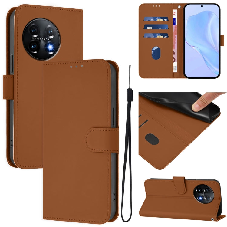 For OnePlus 11 Skin Feel Solid Color Leather Phone Case with Lanyard(Brown) - OnePlus Cases by buy2fix | Online Shopping UK | buy2fix