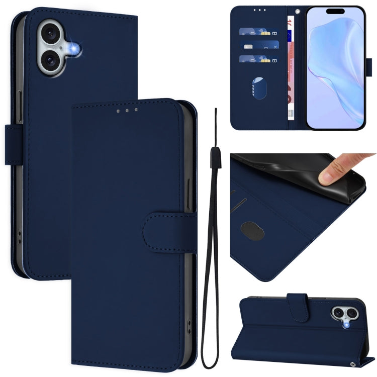 For iPhone 16 Plus Skin Feel Solid Color Leather Phone Case with Lanyard(Navy Blue) - iPhone 16 Plus Cases by buy2fix | Online Shopping UK | buy2fix