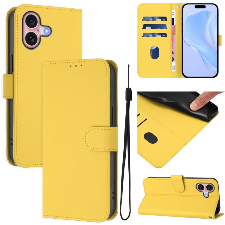 For iPhone 16 Skin Feel Solid Color Leather Phone Case with Lanyard(Lemon Yellow) - iPhone 16 Cases by buy2fix | Online Shopping UK | buy2fix