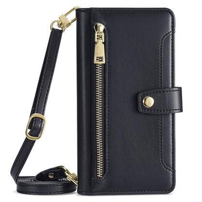 For iPhone 16 Pro Max Sheep Texture Cross-body Zipper Wallet Leather Phone Case(Black) - iPhone 16 Pro Max Cases by buy2fix | Online Shopping UK | buy2fix