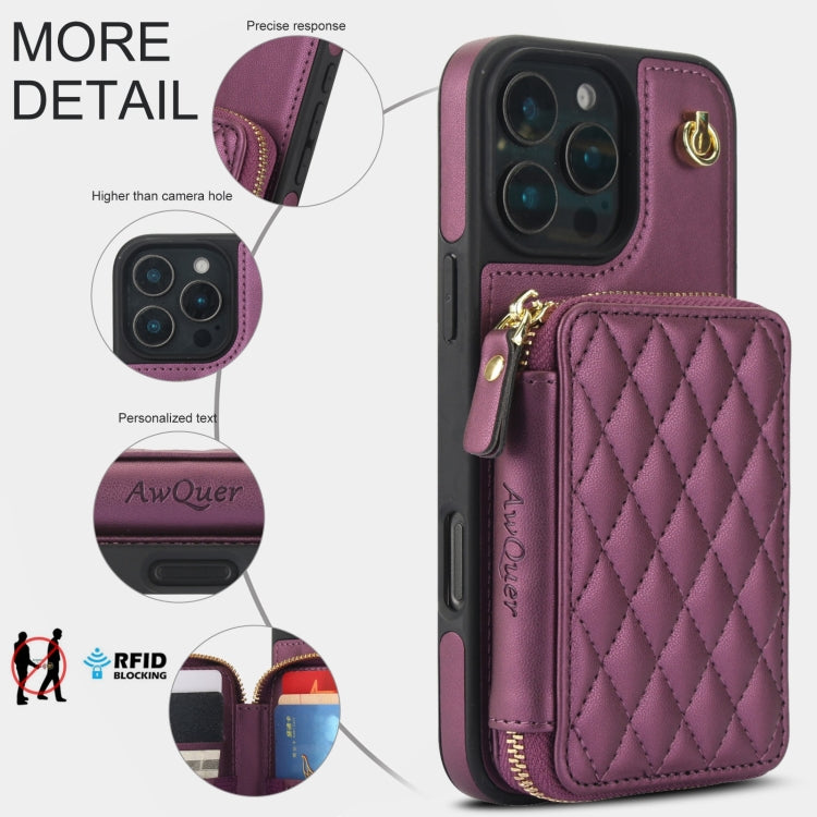 For iPhone 16 Pro Max AwQuer Crossbody Zipper Wallet Rhombic Leather Back Phone Case(Dark Purple) - iPhone 16 Pro Max Cases by Awquer | Online Shopping UK | buy2fix