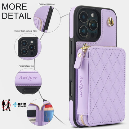 For iPhone 16 Pro AwQuer Crossbody Zipper Wallet Rhombic Leather Back Phone Case(Purple) - iPhone 16 Pro Cases by Awquer | Online Shopping UK | buy2fix