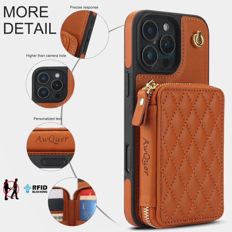 For iPhone 16 Pro AwQuer Crossbody Zipper Wallet Rhombic Leather Back Phone Case(Brown) - iPhone 16 Pro Cases by Awquer | Online Shopping UK | buy2fix