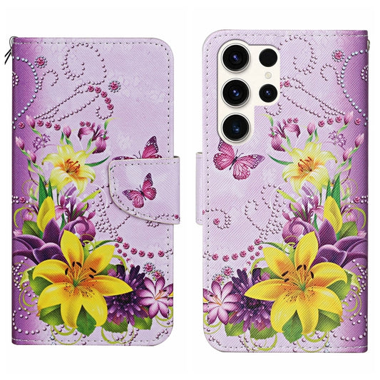 For Samsung Galaxy S25 Ultra 5G Colored Drawing Pattern Leather Phone Case(Yellow Flower Butterfly) - Galaxy S25 Ultra 5G Cases by buy2fix | Online Shopping UK | buy2fix