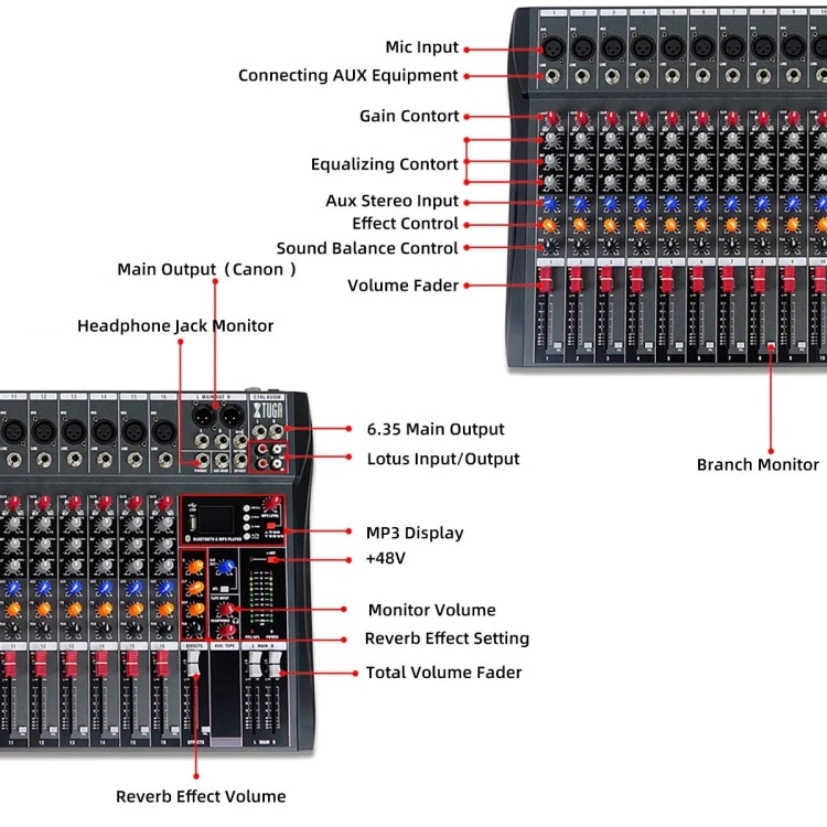 XTUGA CT160X 16-Channels Audio Mixer DJ Mixing Console with 48V Power Supply(UK Plug) - Live Sound Effects Processors by XTUGA | Online Shopping UK | buy2fix