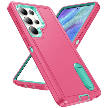 For Samsung Galaxy S25 Ultra 5G Rugged PC Hybrid Silicone Phone Case with Holder(Rose Red+Light Green) - Galaxy S25 Ultra 5G Cases by buy2fix | Online Shopping UK | buy2fix