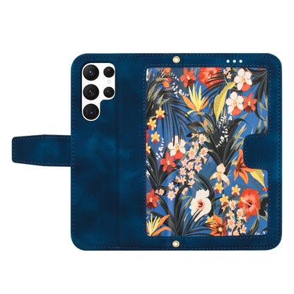 For Samsung Galaxy S25 Ultra 5G Floral Pattern Leather Phone Case with Lanyard(Dark Blue) - Galaxy S25 Ultra 5G Cases by buy2fix | Online Shopping UK | buy2fix