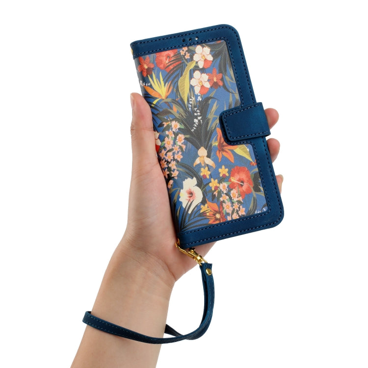 For Samsung Galaxy S25 5G Floral Pattern Leather Phone Case with Lanyard(Dark Blue) - Galaxy S25 5G Cases by buy2fix | Online Shopping UK | buy2fix