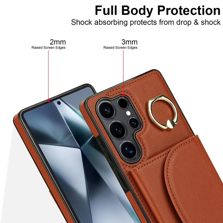 For Samsung Galaxy S25 Ultra 5G Ring Holder Card Bag Skin Feel Phone Case(Brown) - Galaxy S25 Ultra 5G Cases by buy2fix | Online Shopping UK | buy2fix