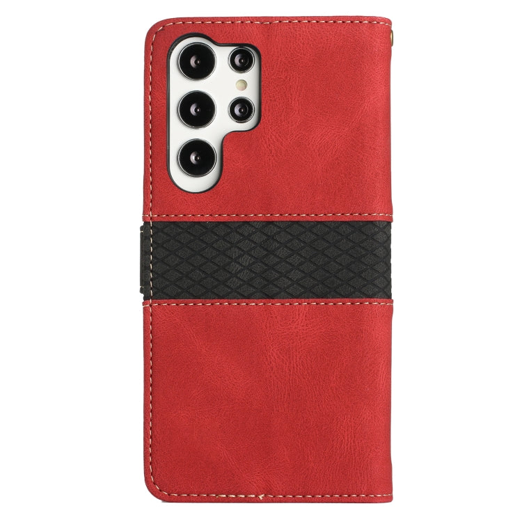 For Samsung Galaxy S25 Ultra 5G Grid Stitching Leather Phone Case with Lanyard(Red) - Galaxy S25 Ultra 5G Cases by buy2fix | Online Shopping UK | buy2fix