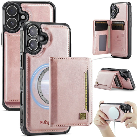 For iPhone 16 Plus AutSpace A13 MagSafe Magnetic RFID Flip Card Bag Phone Case(Rose Gold) - iPhone 16 Plus Cases by AutSpace | Online Shopping UK | buy2fix