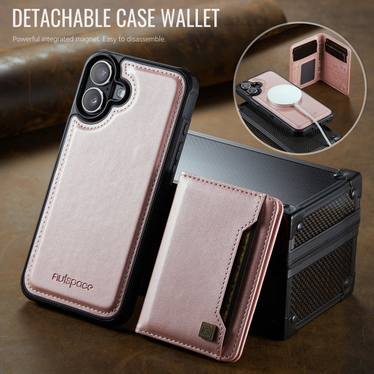 For iPhone 16 AutSpace A13 MagSafe Magnetic RFID Flip Card Bag Phone Case(Rose Gold) - iPhone 16 Cases by AutSpace | Online Shopping UK | buy2fix