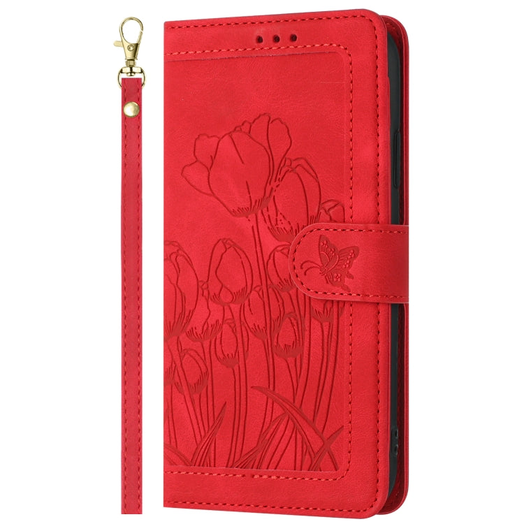 For Samsung Galaxy S25 Ultra 5G Tulips Embossed Leather Phone Case with Lanyard(Red) - Galaxy S25 Ultra 5G Cases by buy2fix | Online Shopping UK | buy2fix