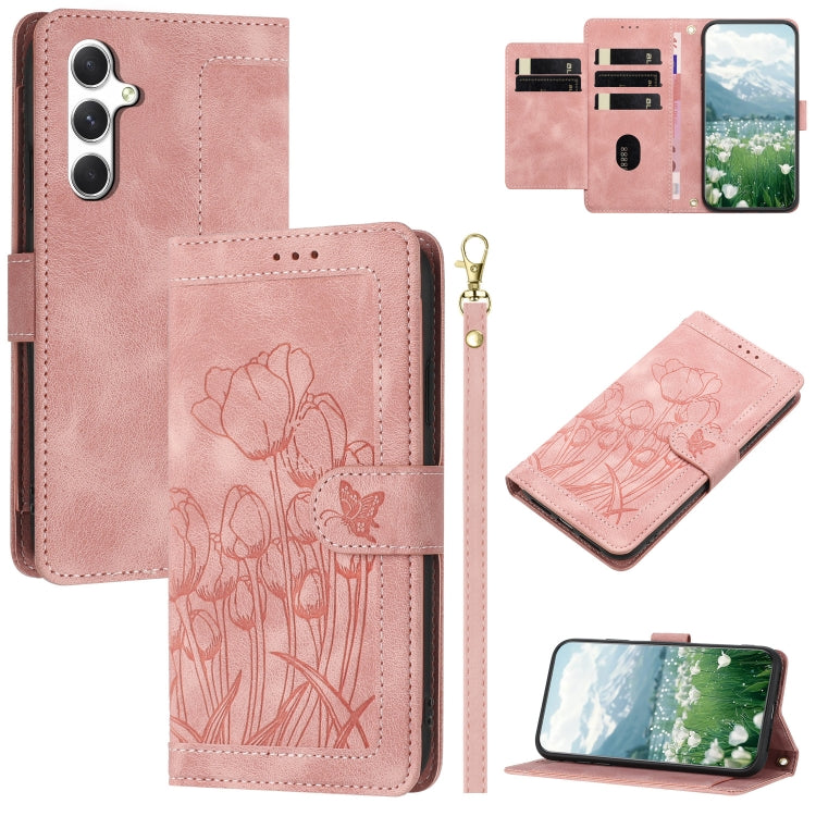 For Samsung Galaxy S25+ 5G Tulips Embossed Leather Phone Case with Lanyard(Pink) - Galaxy S25+ 5G Cases by buy2fix | Online Shopping UK | buy2fix