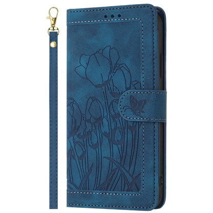 For Samsung Galaxy S25+ 5G Tulips Embossed Leather Phone Case with Lanyard(Blue) - Galaxy S25+ 5G Cases by buy2fix | Online Shopping UK | buy2fix