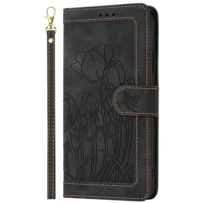 For Samsung Galaxy S25 5G Tulips Embossed Leather Phone Case with Lanyard(Black) - Galaxy S25 5G Cases by buy2fix | Online Shopping UK | buy2fix