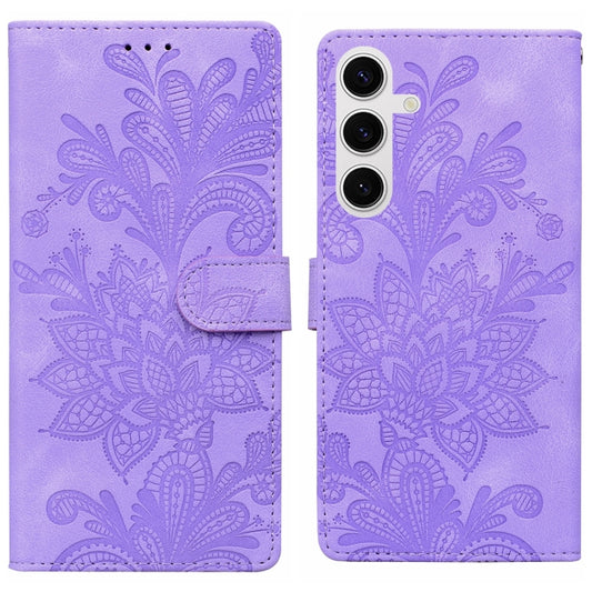 For Samsung Galaxy S25 5G Lace Floral Embossed Magnetic Buckle PU Phone Case With Wrist Strap(Purple) - Galaxy S25 5G Cases by buy2fix | Online Shopping UK | buy2fix