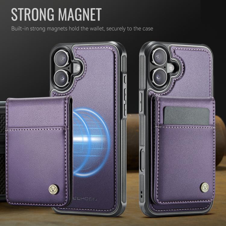 For iPhone 16 JEEHOOD J06 British Style RFID MagSafe Card Bag PU Phone Case(Purple) - iPhone 16 Cases by JEEHOOD | Online Shopping UK | buy2fix