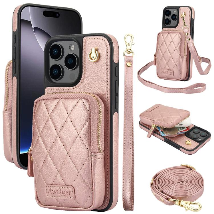 For iPhone 16 Pro Max AwQuer Crossbody Zipper Wallet Bag Litchi Leather Phone Case(Rose Gold) - iPhone 16 Pro Max Cases by Awquer | Online Shopping UK | buy2fix