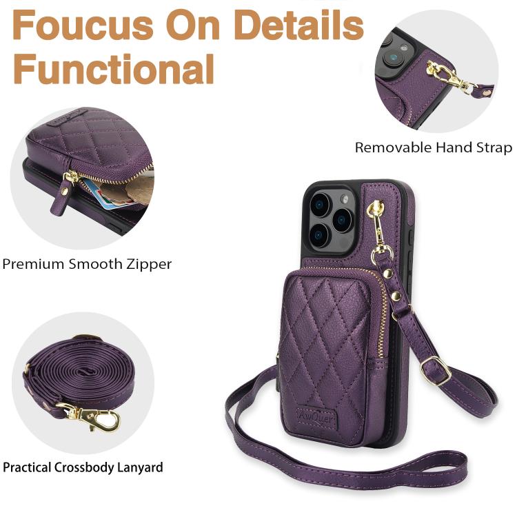 For iPhone 16 Pro Max AwQuer Crossbody Zipper Wallet Bag Litchi Leather Phone Case(Dark Purple) - iPhone 16 Pro Max Cases by Awquer | Online Shopping UK | buy2fix